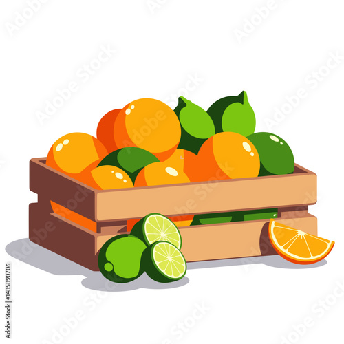 Colorful fruit box filled with oranges and limes on a white background  