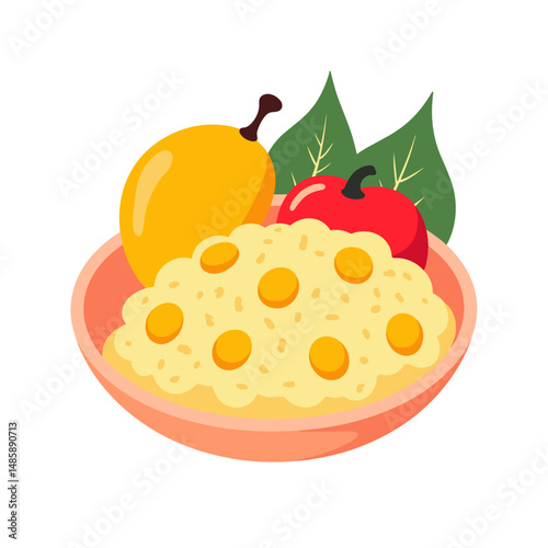 Yellow dish of cereal with fruits and leaves in a bowl - Concept of food  