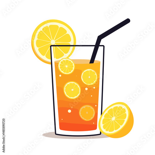 Fresh orange lemonade in a glass with lemon slices and straw - Concept of icon food  