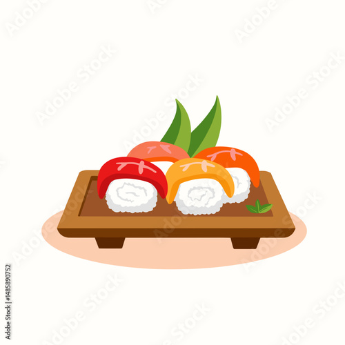Colorful sushi rolls served on wooden platter with green garnish  