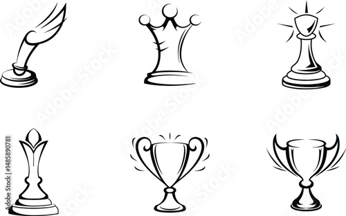 Elegant black and white line art of chess pieces and trophy icons collection