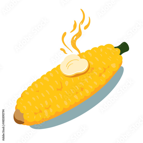 Steaming corn on the cob with butter served on a blue plate  