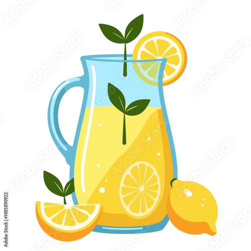 Fresh lemonade pitcher with lemon slices and mint leaves  
