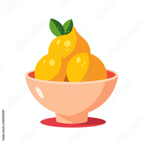 Bowl of fresh lemons with green leaves on a white background - Concept of food icon  