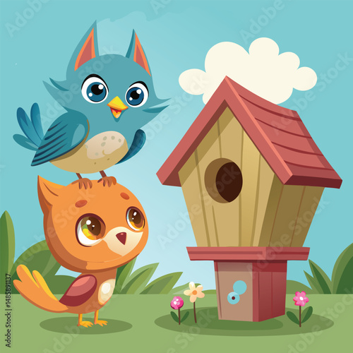 A small wooden birdhouse on a tree, offering a spring home for birds