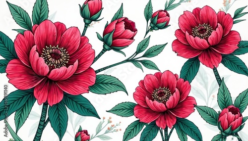 Wallpaper Mural Intricate line art peony blossoms, endless repeat, background, pattern, vintage Torontodigital.ca