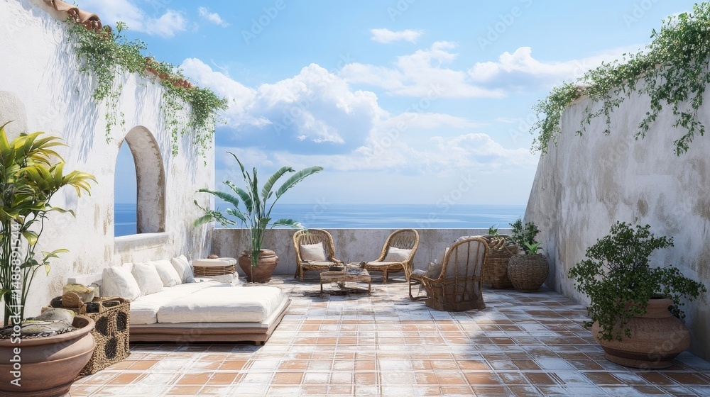 Fototapeta premium mediterranean terrace oasis with ocean view