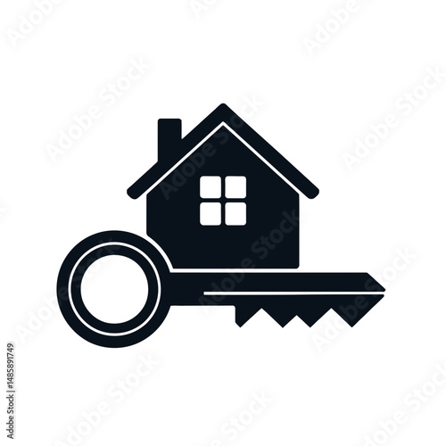 A simple black and white icon combines a house and a key, symbolizing real estate or home ownership.