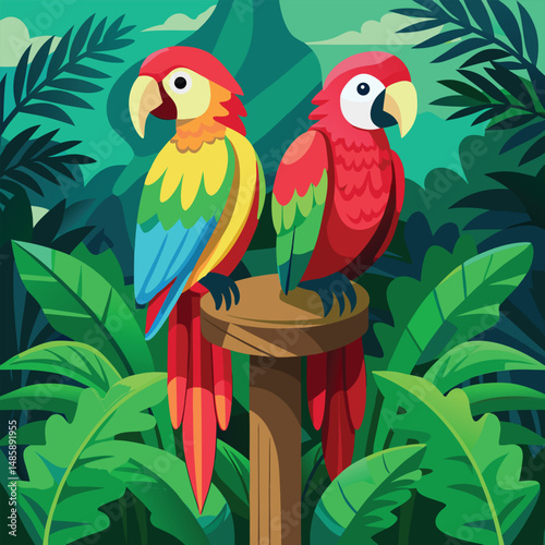 Colorful exotic macaw parrot on a tropical jungle tree branch illustration Colorful exotic macaw parrot on a tropical jungle tree branch illustration
