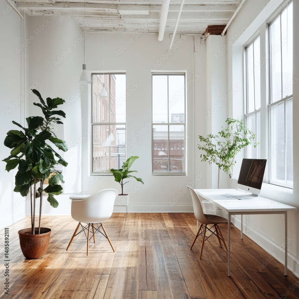 Fototapeta premium minimalist bright office space with large windows and plants