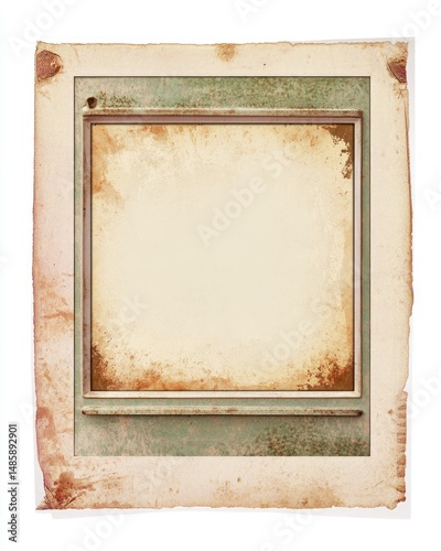 Aged photograph frame with worn, textured paper.  A vintage, slightly discolored and creased paper frame with a blank center area and visible signs of age photo