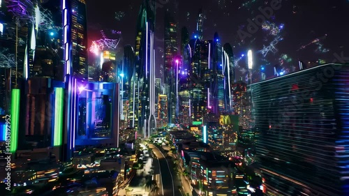 Futuristic urban nightscape with vibrant city lights and dynamic skyline motion