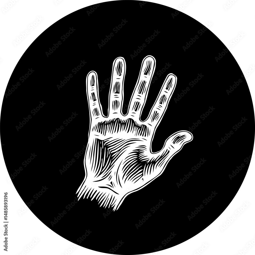 Naklejka premium Engraved depiction of an open human hand against a dark circular background