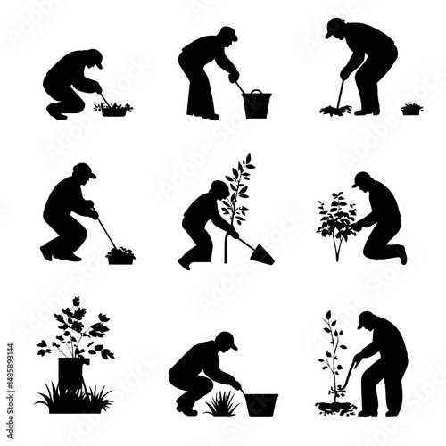 Set of nine black silhouettes of gardeners performing various gardening tasks including planting, watering, digging, pruning, and tending plants in minimalist vector style