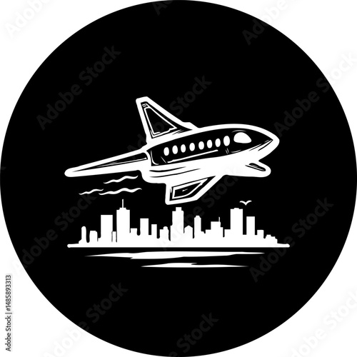 Stylized airplane silhouette soaring above an urban cityscape in circular composition