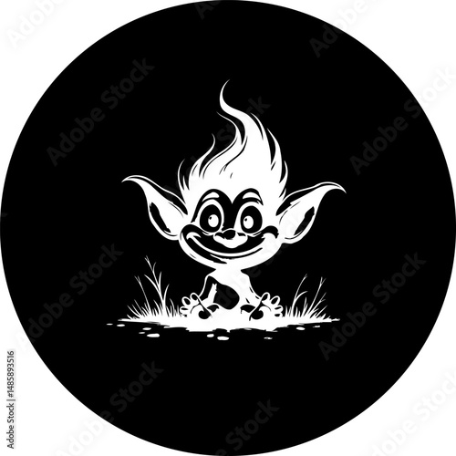 Whimsical creature illustration with a mischievous expression on black background