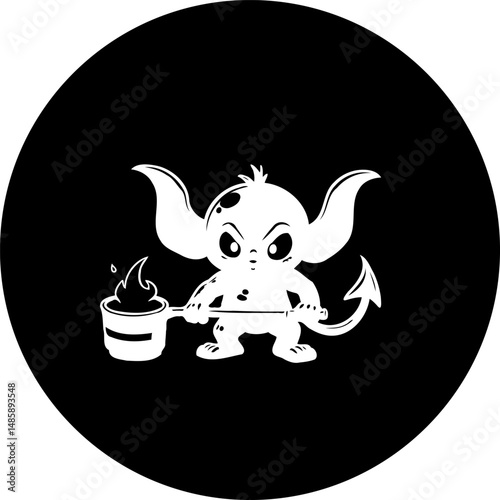 Cartoonish gremlin character wielding a molten ice cream scoop on black canvas