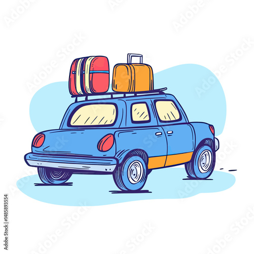 Colorful blue retro car with luggage on roof rack ready for road trip hand drawn doodle style travel vehicle illustration