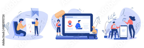 Online education remote learning people interacting with digital devices laptop smartphone video tutorials flat vector illustration