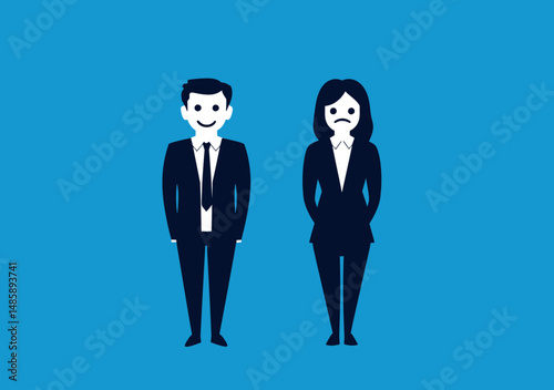Business man and woman with smiling and sad facial expressions standing against blue background representing employee morale and workplace emotions concept in flat style vector illustration