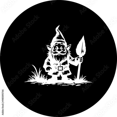 Enigmatic garden gnome illustration in a stark black and white circular design