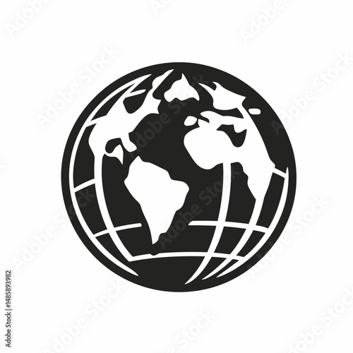 Black and white vector icon of Earth globe with continents Europe Africa and Americas simplified minimalist flat design circle shape illustration