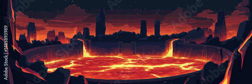 Lava filled volcanic battle arena in rocky hellscape with glowing molten lava river and dark ominous sky at nightvector background