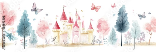 Watercolor illustration of a castle and trees in a whimsical forest scene, featuring pastel colors and flying butterflies