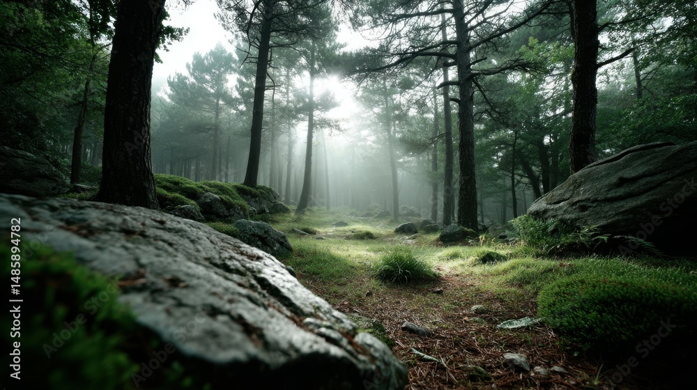 Obraz premium Ethereal woodland scene featuring sunlight filtering through the misty forest