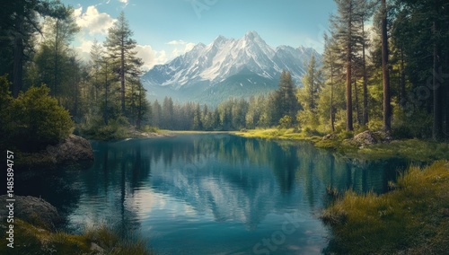 Serene mountain lake scene. Sunlight reflects on still water, surrounded by lush forest and snow-capped peaks