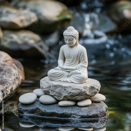 Buddha Statue Meditating on Rocks