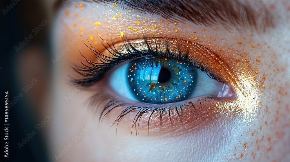 Fototapeta premium Closeup colorful human eye with vibrant paint splatter, artistic macro photography, creative makeup, vivid detail, expressive visual, modern abstract design, 32k Resolution