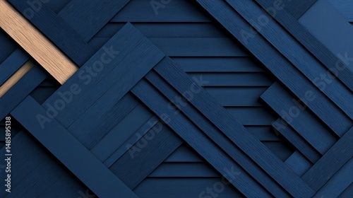 Wooden planks create geometric, angled pattern, dark blue and tan coloration