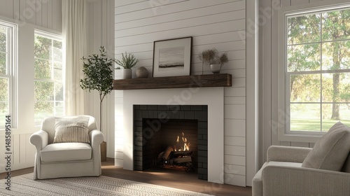 Cozy farmhouse living room with fireplace