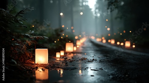 Atmospheric forest path illuminated by lantern light in a misty evening