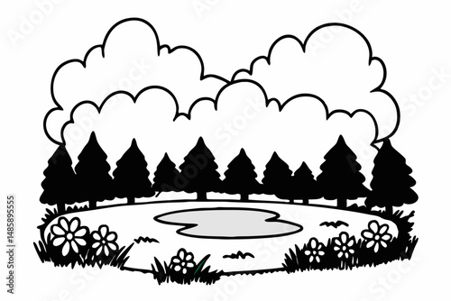 Peaceful Woodland Clearing with a Small Pond Reflection Vector Illustration