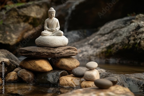 Buddha Statue Meditating on Stacked Rocks by a Stream