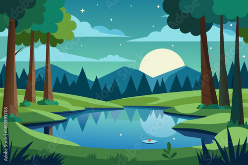 Quiet Forest Clearing with a Small Reflective Pond Vector Illustration