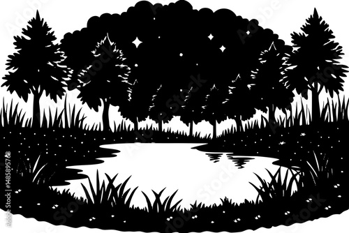 Gentle Woodland Landscape with a Still Reflective Pond Vector Illustration