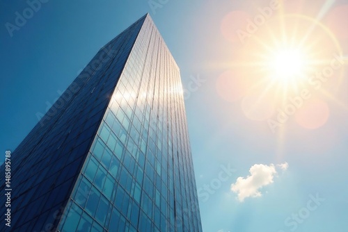 A towering skyscraper gleams under a bright, sunny sky , rays, panorama, clouds