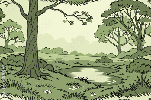 Idyllic Woodland Pond Surrounded by Peaceful Trees Vector Illustration