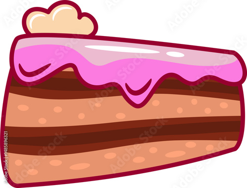 A cartoon illustration of a slice of layer cake. The cake has pink icing and a dollop of frosting. The image is bright and colorful, ideal for use in children's books, websites, or other project