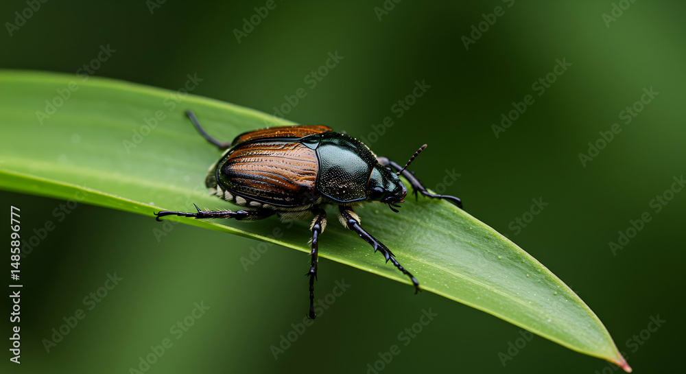 Naklejka premium Insect, Bug, Macro, Japanese Beetle on a Green Leaf