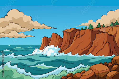 Rugged Rocky Coastline with Fierce Waves and Cloudy Weather Vector Illustration