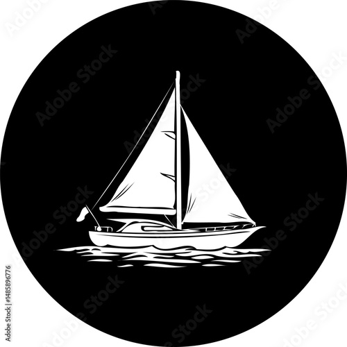 Monochromatic sailing vessel illustration against black circle backdrop