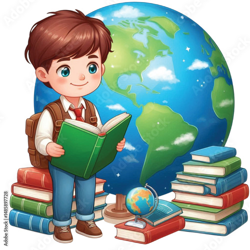 Boy Reading Book On Earth Global