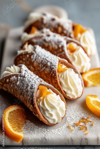 Sicilian cannoli filled with ricotta cream and candied orange peel, resting on a marble counter.