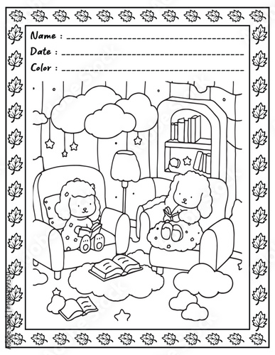 Bold and Easy Cozy Nooks Coloring Book for Adults and Kid.  
High resolution (300 DPI), 
Ready to print on standard 8.5x11 inch paper With (No Bleed), 
Black and White. 
Vector illustration - AI, EPS,
