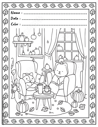 Bold and Easy Cozy Nooks Coloring Book for Adults and Kid.  
High resolution (300 DPI), 
Ready to print on standard 8.5x11 inch paper With (No Bleed), 
Black and White. 
Vector illustration - AI, EPS,