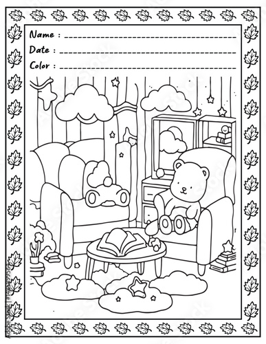 Bold and Easy Cozy Nooks Coloring Book for Adults and Kid.  
High resolution (300 DPI), 
Ready to print on standard 8.5x11 inch paper With (No Bleed), 
Black and White. 
Vector illustration - AI, EPS,